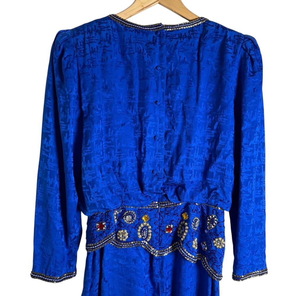 Vintage 80s d’ore Royal Blue Jewel Beaded Silk Jacquard Long Sleeve Dress Size 8 - Picture 9 of 11